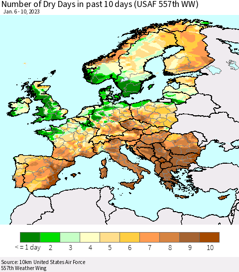 Europe Number of Dry Days in past 10 days (USAF 557th WW) Thematic Map For 1/6/2023 - 1/10/2023