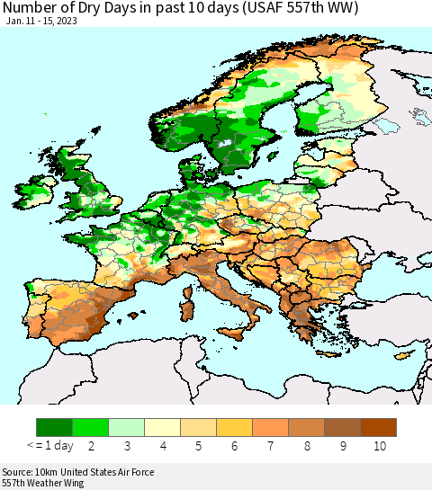 Europe Number of Dry Days in past 10 days (USAF 557th WW) Thematic Map For 1/11/2023 - 1/15/2023