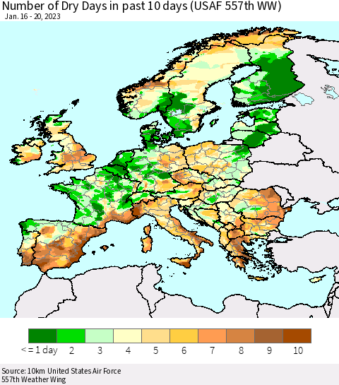 Europe Number of Dry Days in past 10 days (USAF 557th WW) Thematic Map For 1/16/2023 - 1/20/2023