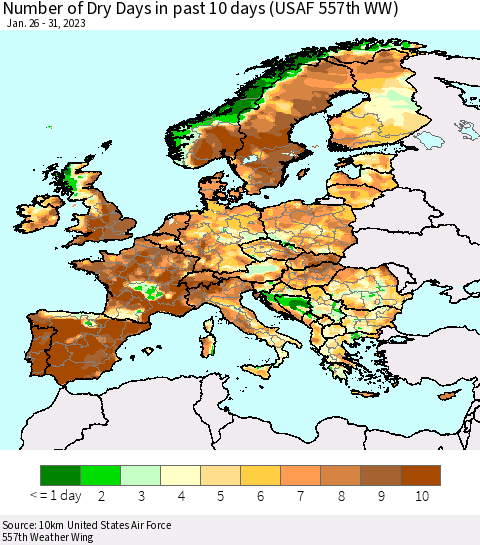 Europe Number of Dry Days in past 10 days (USAF 557th WW) Thematic Map For 1/26/2023 - 1/31/2023