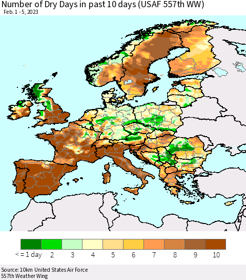 Europe Number of Dry Days in past 10 days (USAF 557th WW) Thematic Map For 2/1/2023 - 2/5/2023