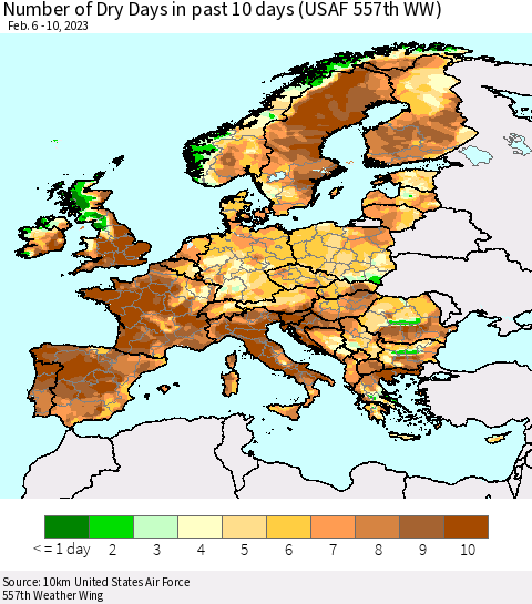 Europe Number of Dry Days in past 10 days (USAF 557th WW) Thematic Map For 2/6/2023 - 2/10/2023