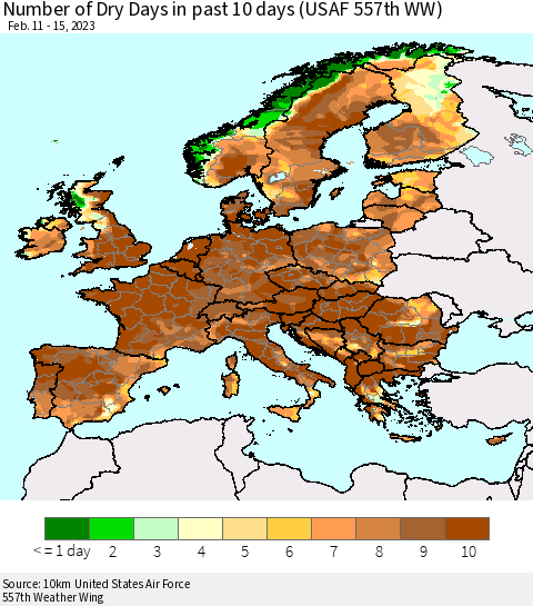 Europe Number of Dry Days in past 10 days (USAF 557th WW) Thematic Map For 2/11/2023 - 2/15/2023