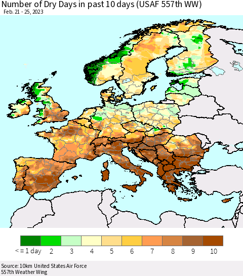 Europe Number of Dry Days in past 10 days (USAF 557th WW) Thematic Map For 2/21/2023 - 2/25/2023