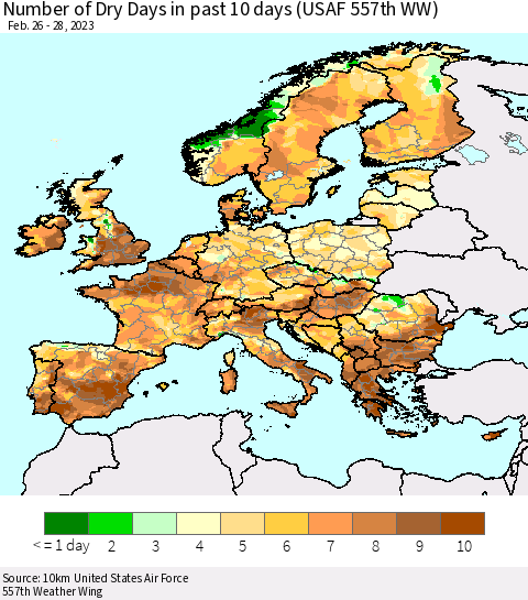 Europe Number of Dry Days in past 10 days (USAF 557th WW) Thematic Map For 2/26/2023 - 2/28/2023