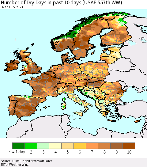 Europe Number of Dry Days in past 10 days (USAF 557th WW) Thematic Map For 3/1/2023 - 3/5/2023