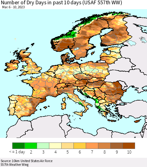 Europe Number of Dry Days in past 10 days (USAF 557th WW) Thematic Map For 3/6/2023 - 3/10/2023