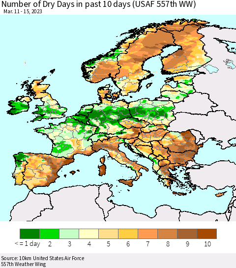 Europe Number of Dry Days in past 10 days (USAF 557th WW) Thematic Map For 3/11/2023 - 3/15/2023