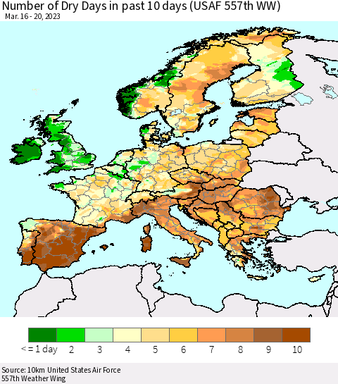 Europe Number of Dry Days in past 10 days (USAF 557th WW) Thematic Map For 3/16/2023 - 3/20/2023