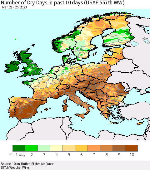 Europe Number of Dry Days in past 10 days (USAF 557th WW) Thematic Map For 3/21/2023 - 3/25/2023