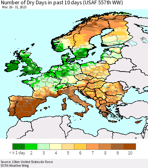 Europe Number of Dry Days in past 10 days (USAF 557th WW) Thematic Map For 3/26/2023 - 3/31/2023