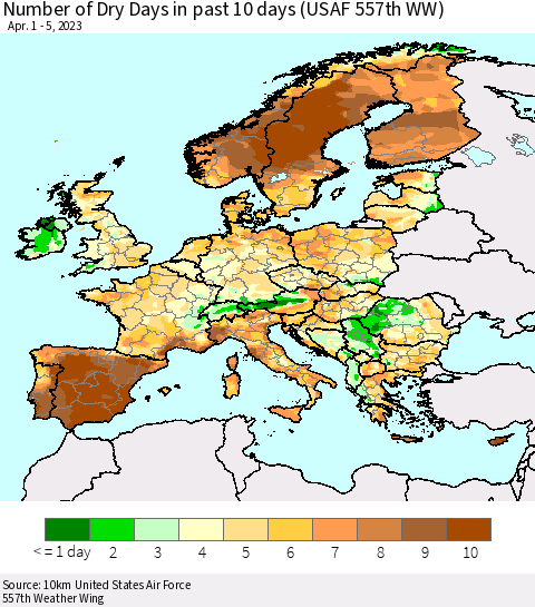 Europe Number of Dry Days in past 10 days (USAF 557th WW) Thematic Map For 4/1/2023 - 4/5/2023