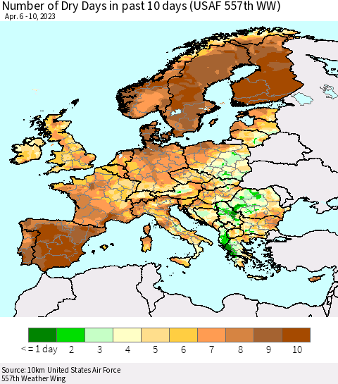 Europe Number of Dry Days in past 10 days (USAF 557th WW) Thematic Map For 4/6/2023 - 4/10/2023