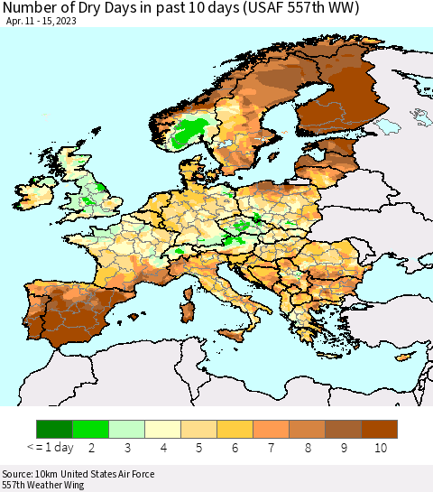 Europe Number of Dry Days in past 10 days (USAF 557th WW) Thematic Map For 4/11/2023 - 4/15/2023