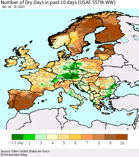 Europe Number of Dry Days in past 10 days (USAF 557th WW) Thematic Map For 4/16/2023 - 4/20/2023