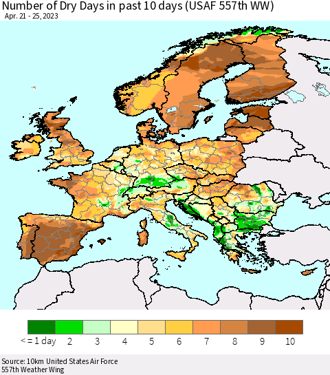 Europe Number of Dry Days in past 10 days (USAF 557th WW) Thematic Map For 4/21/2023 - 4/25/2023