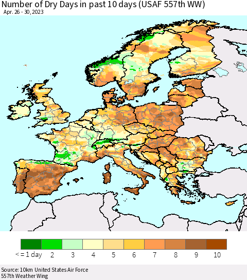 Europe Number of Dry Days in past 10 days (USAF 557th WW) Thematic Map For 4/26/2023 - 4/30/2023