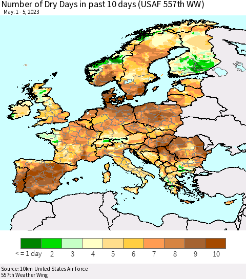 Europe Number of Dry Days in past 10 days (USAF 557th WW) Thematic Map For 5/1/2023 - 5/5/2023