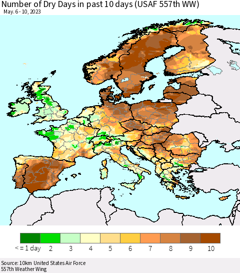 Europe Number of Dry Days in past 10 days (USAF 557th WW) Thematic Map For 5/6/2023 - 5/10/2023