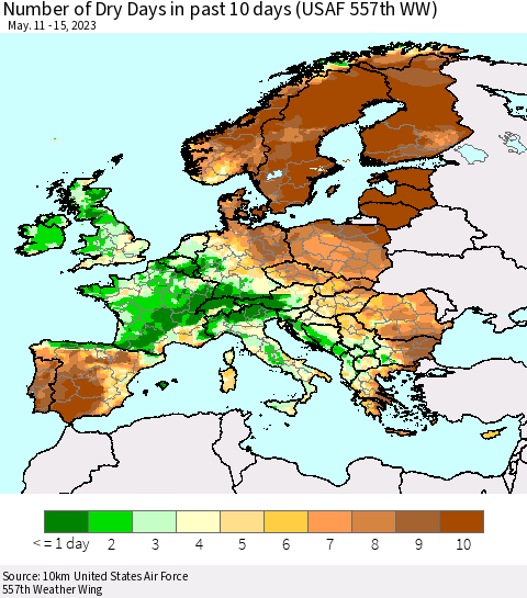 Europe Number of Dry Days in past 10 days (USAF 557th WW) Thematic Map For 5/11/2023 - 5/15/2023