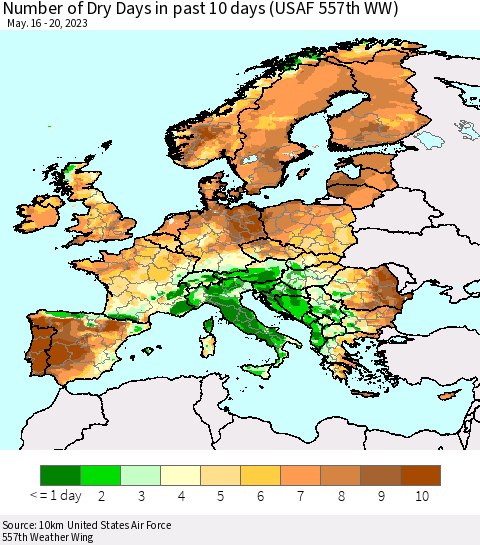 Europe Number of Dry Days in past 10 days (USAF 557th WW) Thematic Map For 5/16/2023 - 5/20/2023