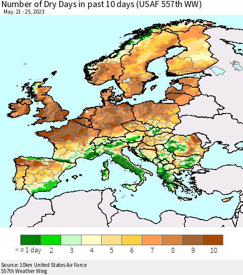 Europe Number of Dry Days in past 10 days (USAF 557th WW) Thematic Map For 5/21/2023 - 5/25/2023