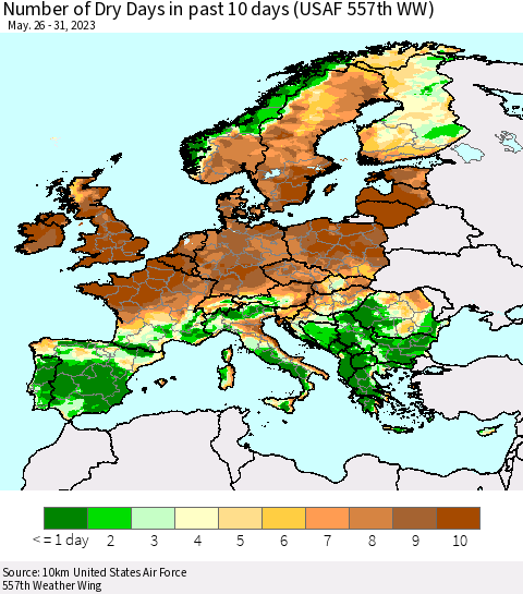 Europe Number of Dry Days in past 10 days (USAF 557th WW) Thematic Map For 5/26/2023 - 5/31/2023