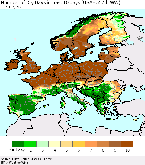 Europe Number of Dry Days in past 10 days (USAF 557th WW) Thematic Map For 6/1/2023 - 6/5/2023