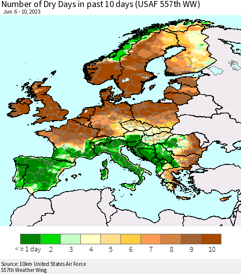 Europe Number of Dry Days in past 10 days (USAF 557th WW) Thematic Map For 6/6/2023 - 6/10/2023