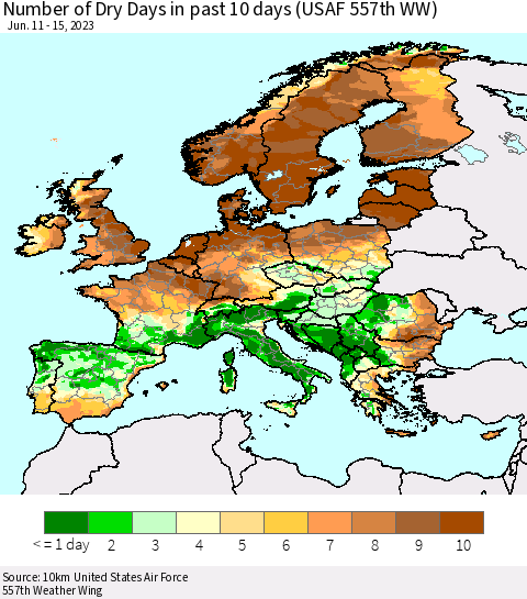 Europe Number of Dry Days in past 10 days (USAF 557th WW) Thematic Map For 6/11/2023 - 6/15/2023