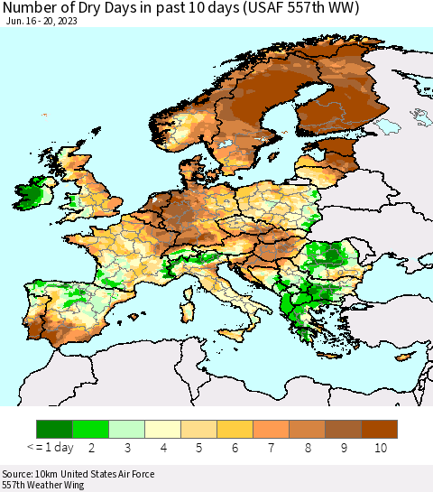 Europe Number of Dry Days in past 10 days (USAF 557th WW) Thematic Map For 6/16/2023 - 6/20/2023