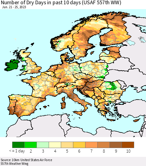 Europe Number of Dry Days in past 10 days (USAF 557th WW) Thematic Map For 6/21/2023 - 6/25/2023