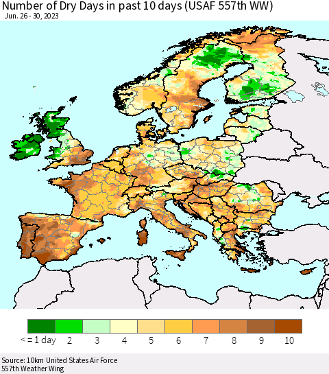 Europe Number of Dry Days in past 10 days (USAF 557th WW) Thematic Map For 6/26/2023 - 6/30/2023