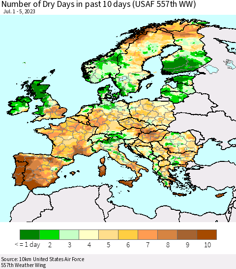 Europe Number of Dry Days in past 10 days (USAF 557th WW) Thematic Map For 7/1/2023 - 7/5/2023