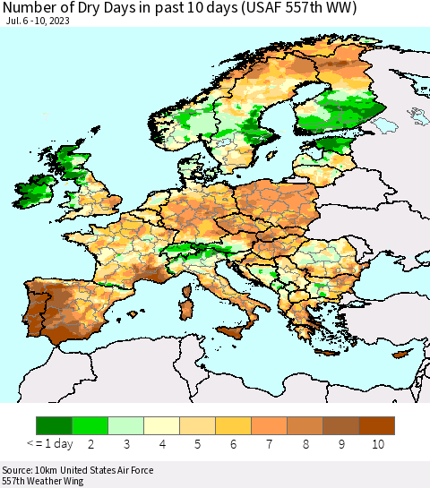 Europe Number of Dry Days in past 10 days (USAF 557th WW) Thematic Map For 7/6/2023 - 7/10/2023