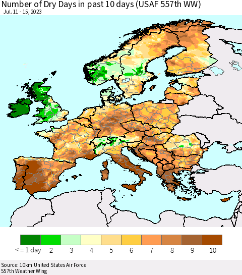 Europe Number of Dry Days in past 10 days (USAF 557th WW) Thematic Map For 7/11/2023 - 7/15/2023