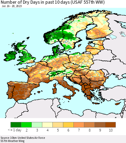 Europe Number of Dry Days in past 10 days (USAF 557th WW) Thematic Map For 7/16/2023 - 7/20/2023