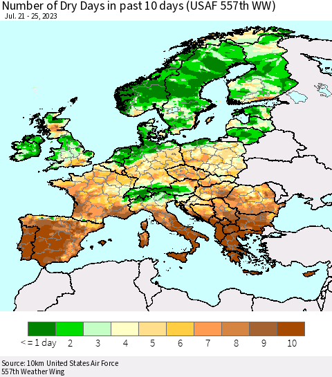 Europe Number of Dry Days in past 10 days (USAF 557th WW) Thematic Map For 7/21/2023 - 7/25/2023