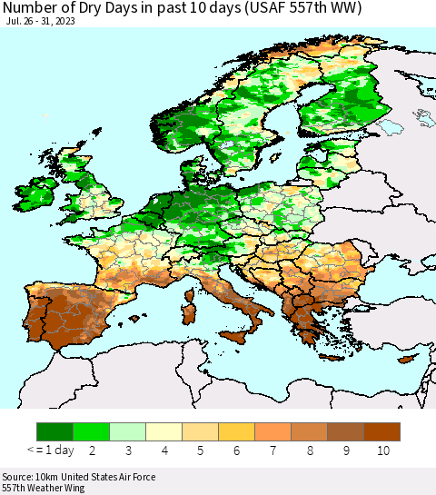 Europe Number of Dry Days in past 10 days (USAF 557th WW) Thematic Map For 7/26/2023 - 7/31/2023
