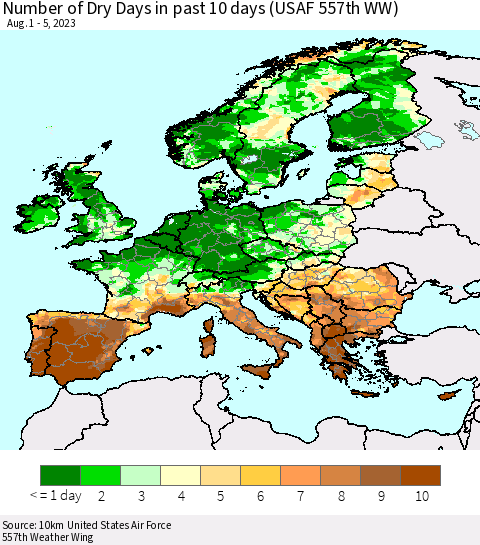 Europe Number of Dry Days in past 10 days (USAF 557th WW) Thematic Map For 8/1/2023 - 8/5/2023