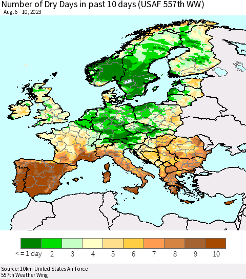 Europe Number of Dry Days in past 10 days (USAF 557th WW) Thematic Map For 8/6/2023 - 8/10/2023