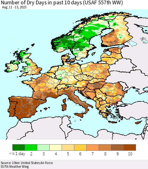 Europe Number of Dry Days in past 10 days (USAF 557th WW) Thematic Map For 8/11/2023 - 8/15/2023