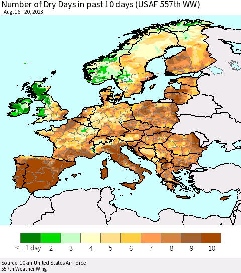 Europe Number of Dry Days in past 10 days (USAF 557th WW) Thematic Map For 8/16/2023 - 8/20/2023