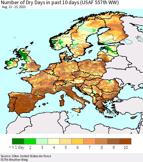Europe Number of Dry Days in past 10 days (USAF 557th WW) Thematic Map For 8/21/2023 - 8/25/2023