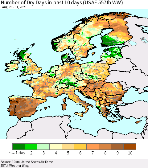 Europe Number of Dry Days in past 10 days (USAF 557th WW) Thematic Map For 8/26/2023 - 8/31/2023