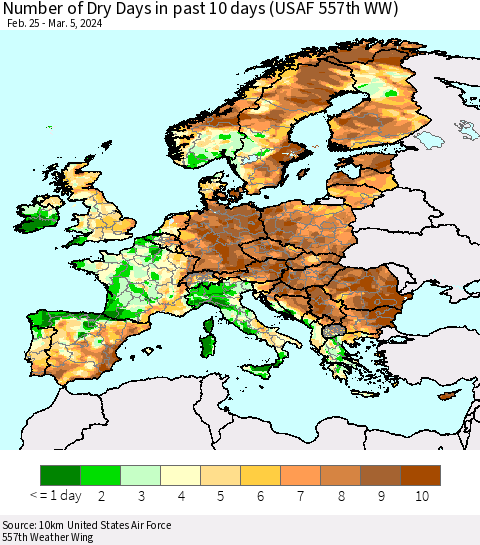 Europe Number of Dry Days in past 10 days (USAF 557th WW) Thematic Map For 3/1/2024 - 3/5/2024