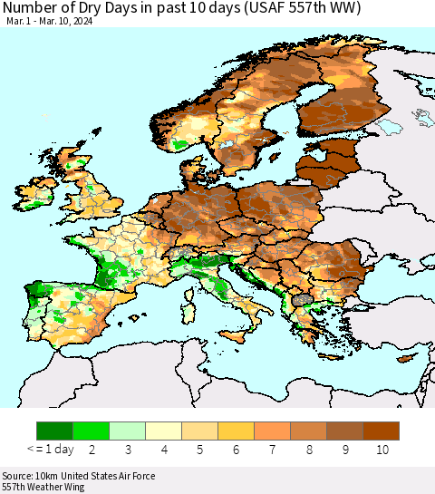 Europe Number of Dry Days in past 10 days (USAF 557th WW) Thematic Map For 3/6/2024 - 3/10/2024