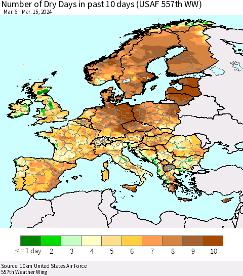 Europe Number of Dry Days in past 10 days (USAF 557th WW) Thematic Map For 3/11/2024 - 3/15/2024