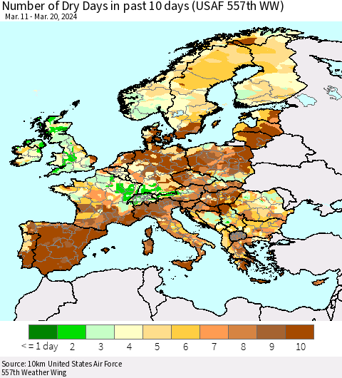 Europe Number of Dry Days in past 10 days (USAF 557th WW) Thematic Map For 3/16/2024 - 3/20/2024
