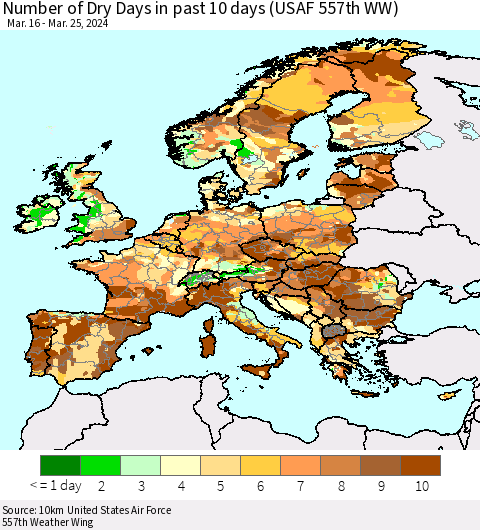 Europe Number of Dry Days in past 10 days (USAF 557th WW) Thematic Map For 3/21/2024 - 3/25/2024